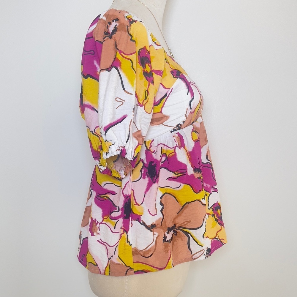 Nine West Floral Puff Sleeve Peplum Blouse Size XS - Picture 2 of 11